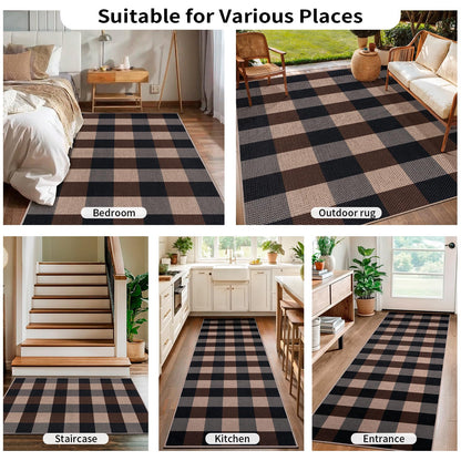 Tangsoo Checkered Easy Jute Rug 5x7 Large Washable Area Rug for Dining Room,Non-Slip Black Brown Indoor Outdoor Rug,Modern Thin Mat Outdoor Carpet for Living Room Bedroom Patio