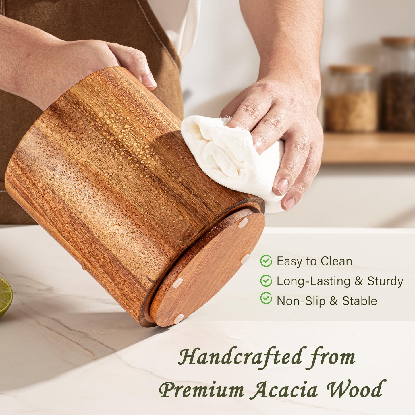 Criusia Utensil Holder 2 Pack, 360° Rotating Acacia Wood Cooking Utensil Crocks for Kitchen Counter, Farmhouse & Modern Decor, (2 Large)