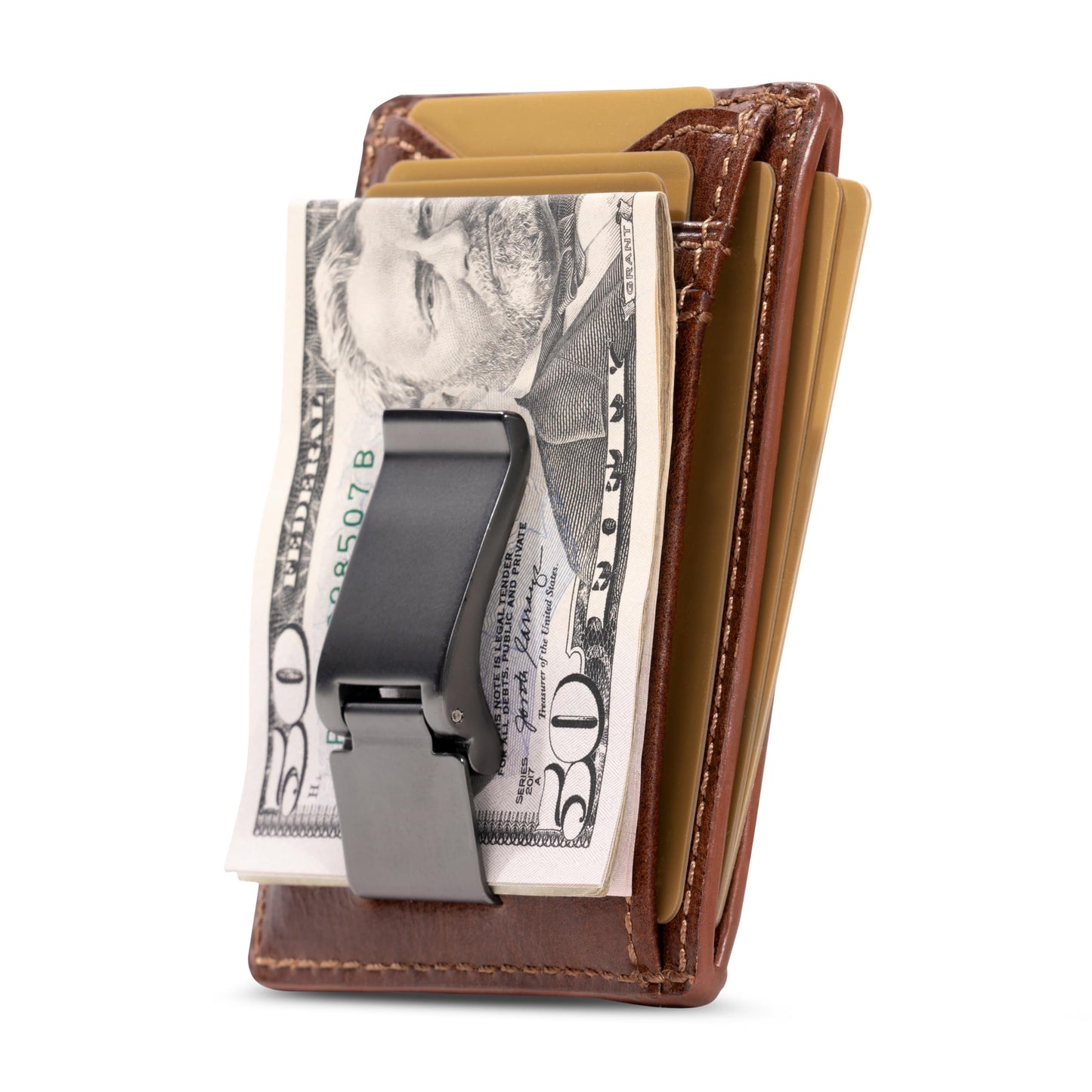 House of Jack Co. Flynn Hinged Money Clip Wallet for Men, Slim Front Pocket Card Holder, Full Grain Cowhide Leather Wallet, Brown