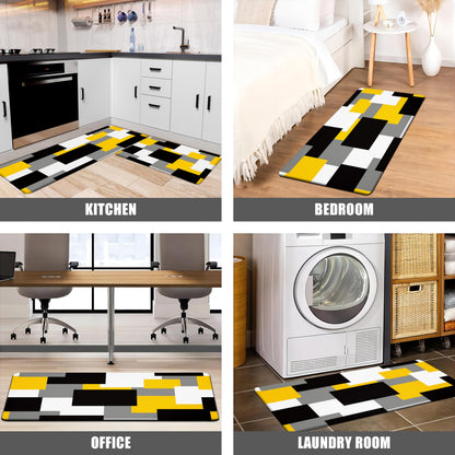 Tyrot Yellow Grey Kitchen Rug Set of 2 Cushioned Anti Fatigue Kitchen Mats for Floor Non-Slip Waterproof Kitchen Floor Mats Geometric Ergonomic Cushioned Comfort Standing Mat for Laundry, Office, Sink