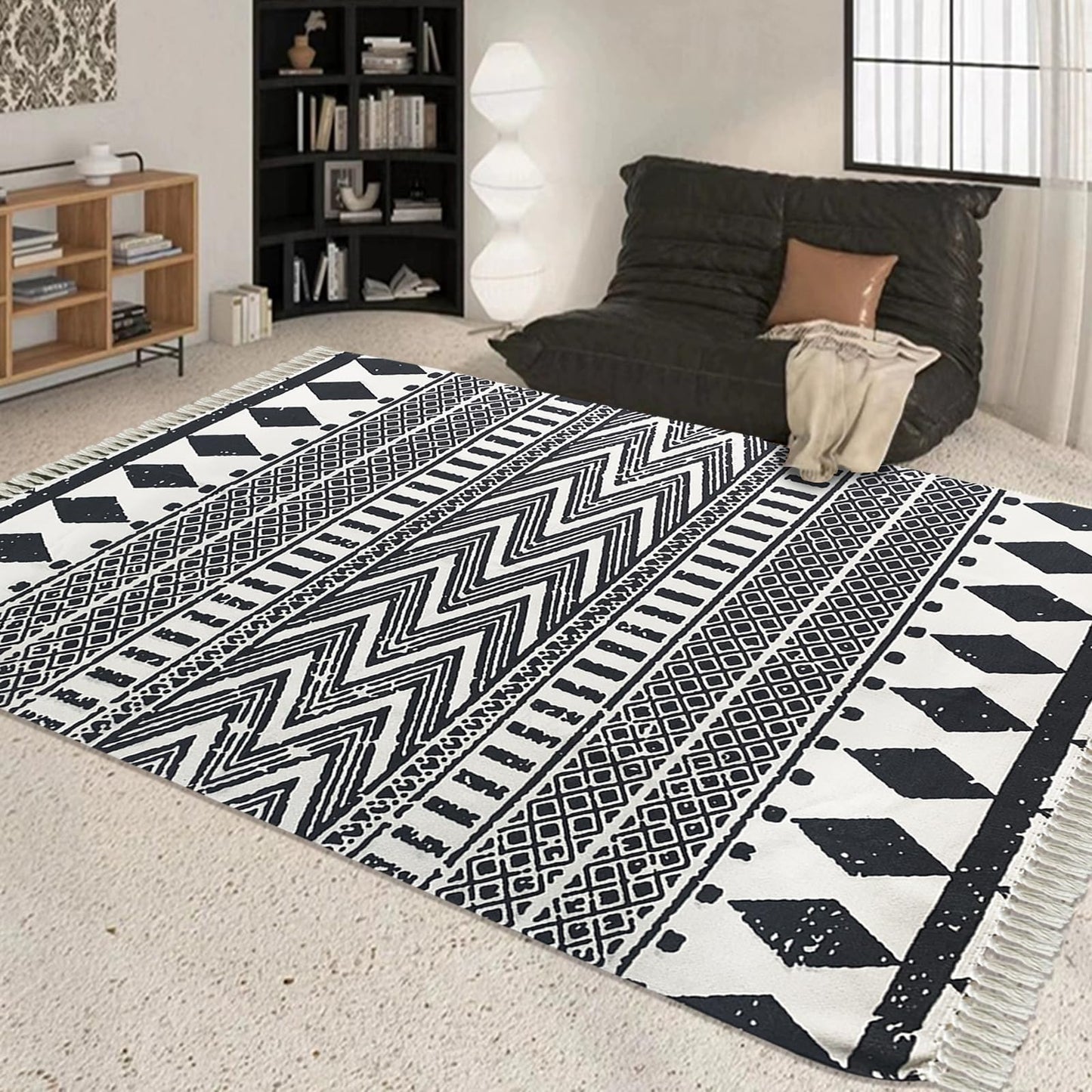USTIDE Ultra Large Boho Area Rug Large Hand Woven Black and White Cotton Rugs with Tassels Printed Geometric Tribal Rug for Living Room, Bedroom, Laundry Room, Entryway （63x90Inches）