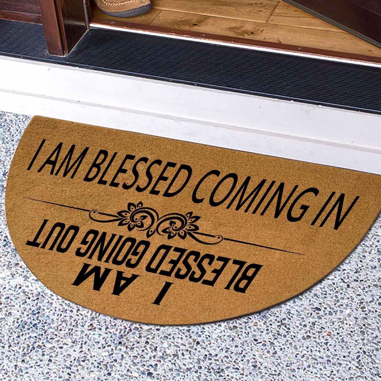Christian Blessing Welcome Mat - Blessed Coming in & Going Out Half Round Doormat, 29.5" x 17" Faux Coir Entryway Rug, 0.4" Thick Non-Slip Rubber Backing, Durable Religious Floor Decor