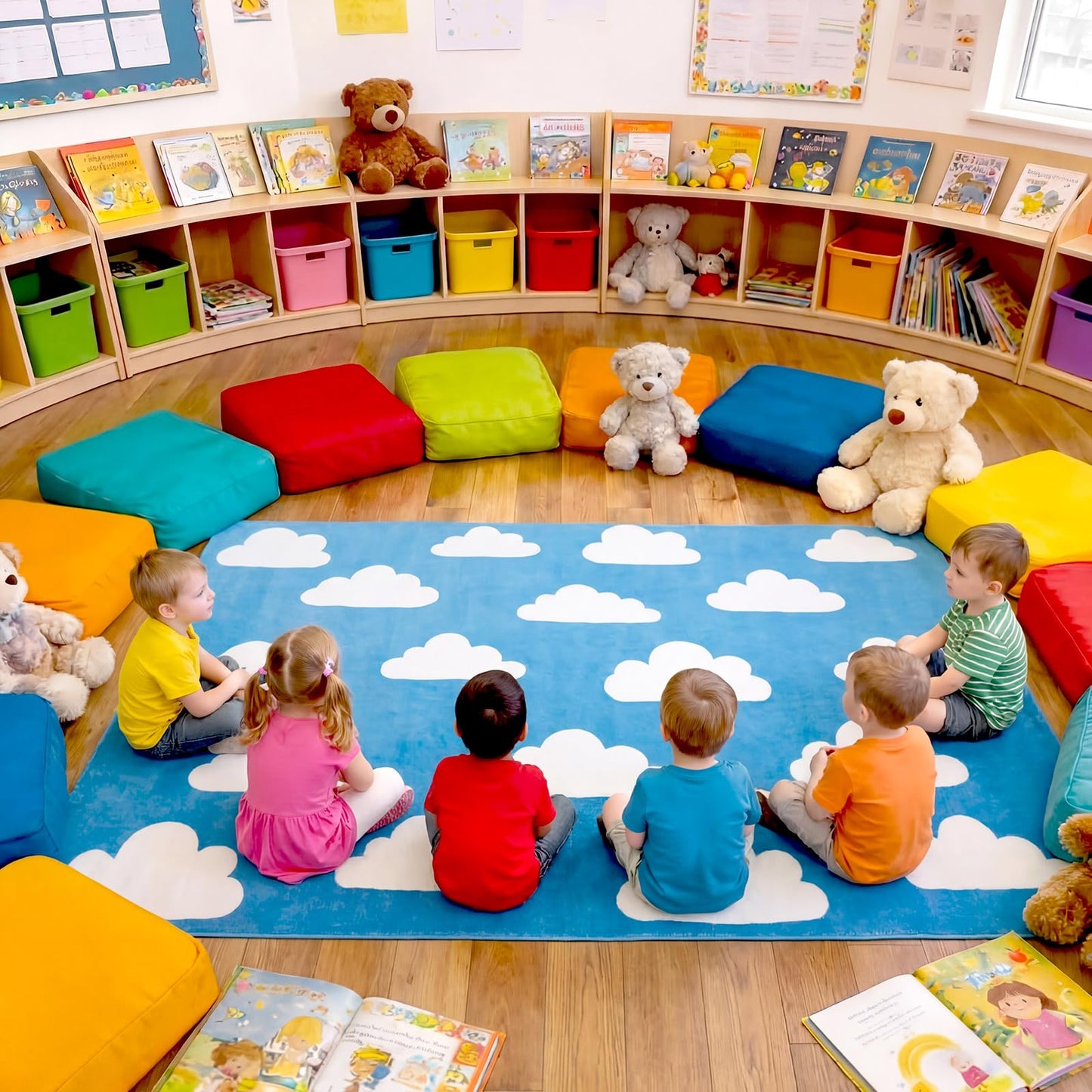 Breling Classroom Carpets Playmat Rugs 6x9 ft Blue Kids Classroom Rugs with Rubber Backing, Cloud Pattern Children's Seating Nursery Play Mat for Preschool Elementary Playroom Kindergarten