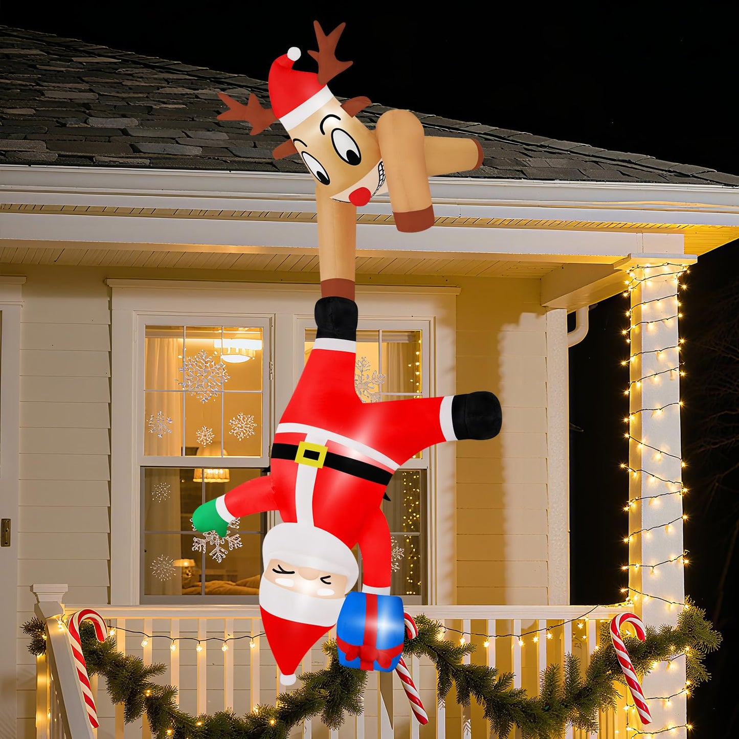 B&D 6FT Christmas Inflatable Reindeer Pulling Falling Santa Outdoor Decorations, Funny Hanging Inflatable Christmas Decorations Built-in LEDs Blow Up Yard Inflatable for Xmas Party Indoor Garden Roof