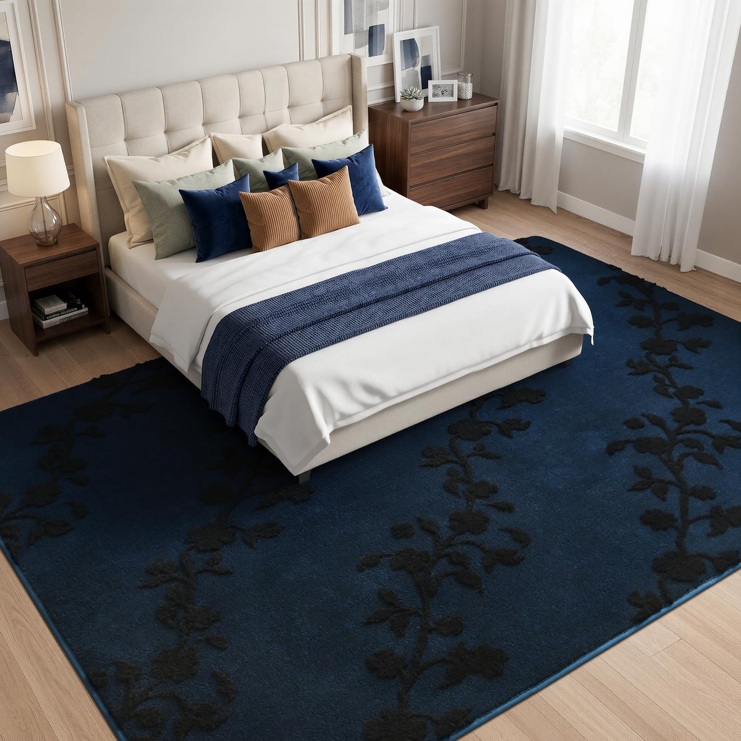 Opreine Large Area Rugs for Living Room Bedroom, 6x9 Feet Navy Blue Thickened Memory Foam Indoor Washable Rug, Black Flower Gothic Non-Slip Soft Carpets for Girls Boys Padded Rugs Dorm Room Mat