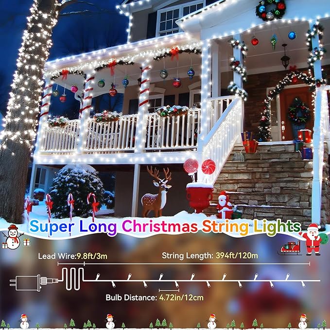Heceltt Christmas Lights Outdoor, 403FT 1000 LED String Lights 8 Modes and Timer Memory Function Twinkle Fairy Lights IP44 Waterproof Plug in for Xmas Tree Wedding Party Holiday Decor(White)