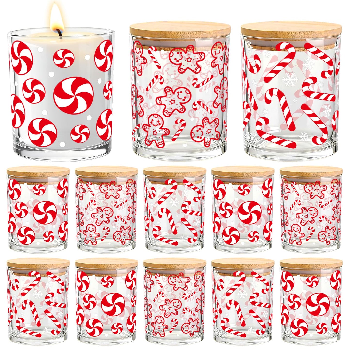 Whaline 12 Pcs Christmas Glass Candle Jars with Cork Lids Red Peppermint Gingerbread Candy Cane Clear Empty Container for Candle Making Storing Xmas Holiday Party Decor