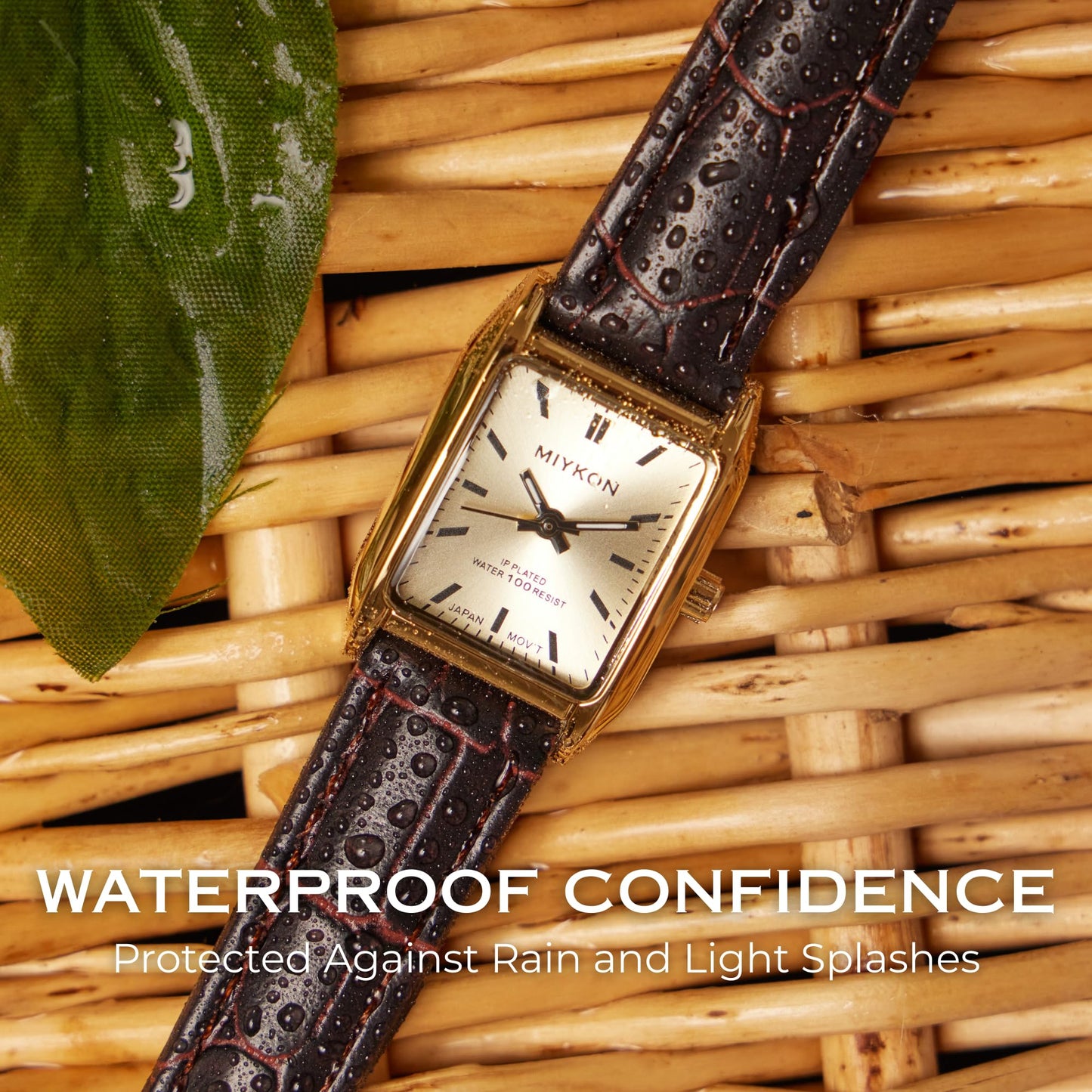 Miykon Gold Vintage Watches for Women - Small Dainty Tank, Square Womens Watch with Brown Genuine Leather Strap - Second Hand, Japanese Quartz, Waterproof to 100ft