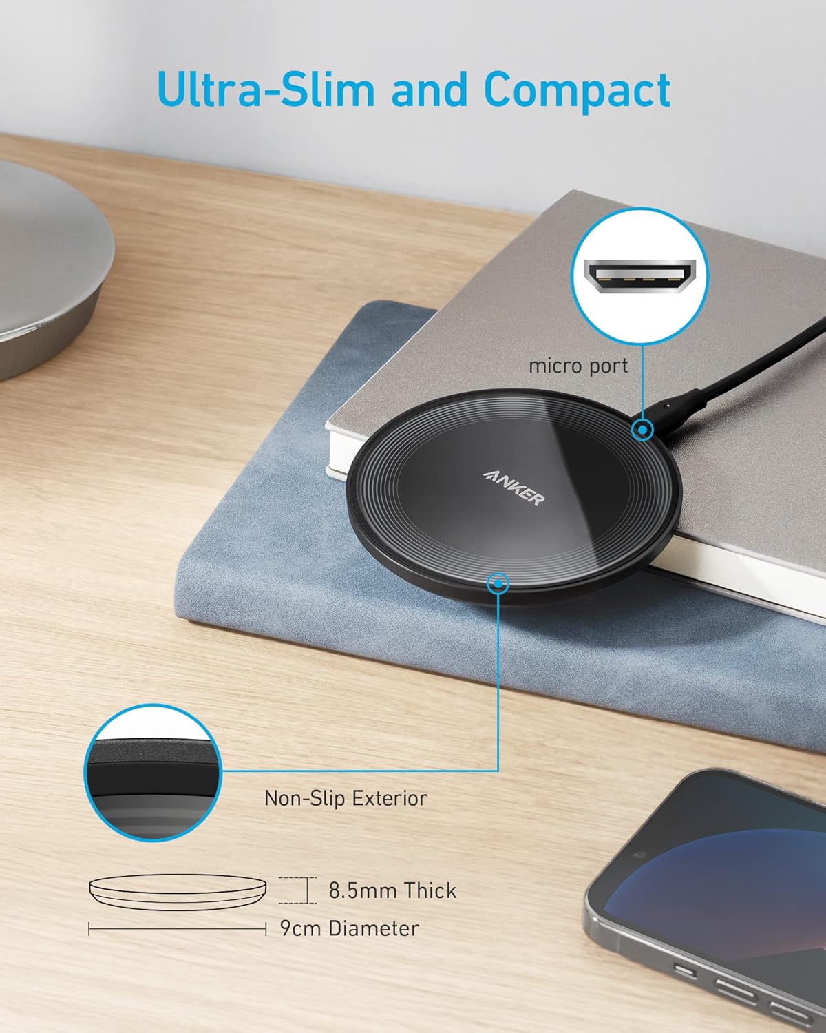 Anker 315 Wireless Charger (Pad), 10W Max Fast Charging - Compatible with iPhone 15/14/13 Series, Samsung S22, AirPods, Samsung Buds, Google Buds, and More - Wall Charger Not Included