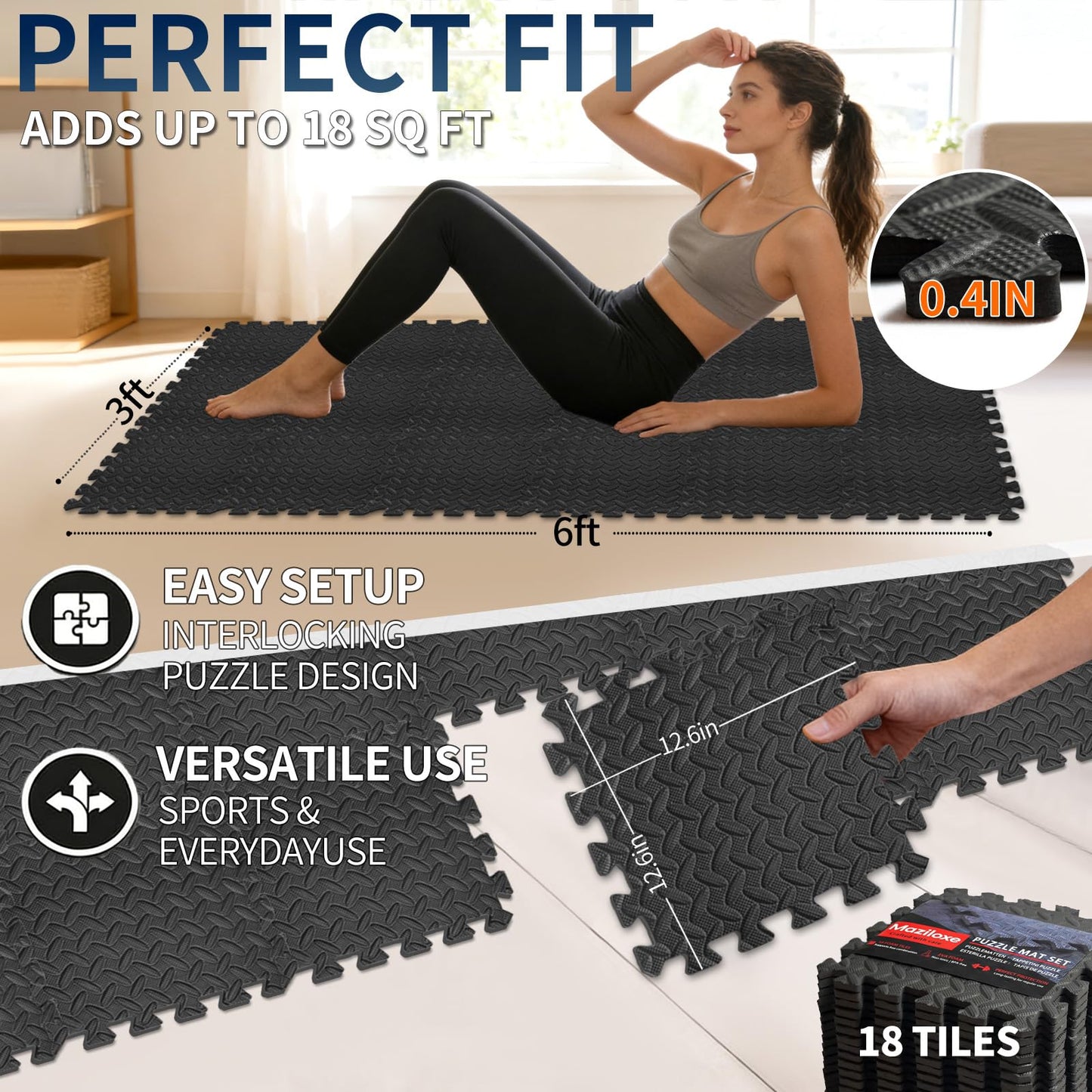 Maziloxe Gym Flooring for Home Gym, 18 PCS Anti-Slip Interlocking Foam Floor Tiles, 12.6"x12.6"x0.4" EVA Exercise Mats, Puzzle Floor Mat For Workout, Yoga, Kids Play Area, Treadmill, Garage
