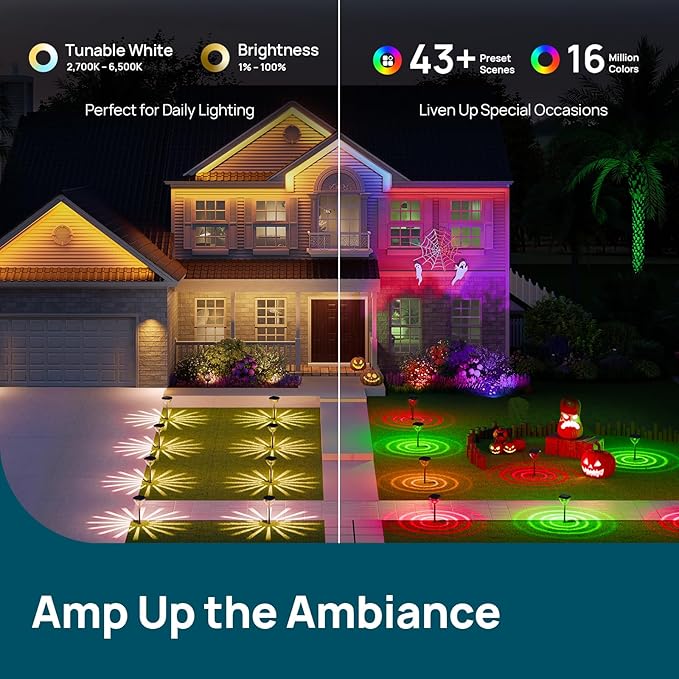 Linkind Smart Solar Pathway Lights SP6, in-App Pattern Switching Solar Lights Outdoor Waterproof, Solar & Wired Charging Color-Changing Landscape Lighting, Christmas Decor for Yard, Patio (4 Pack)