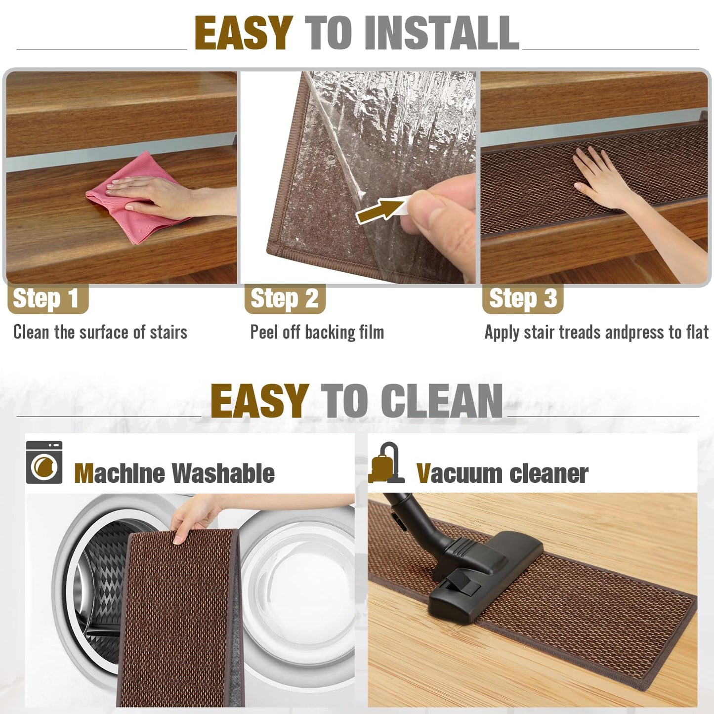 SMILOOL Stair Treads Non Slip for Wooden Steps Indoor 9" x 30" 4 Pack Extra Wide Stair Tread Carpet Stairs Runner, Step Pads with Reusable Adhesive for Dogs Kids Elders, Machine Washable, Brown