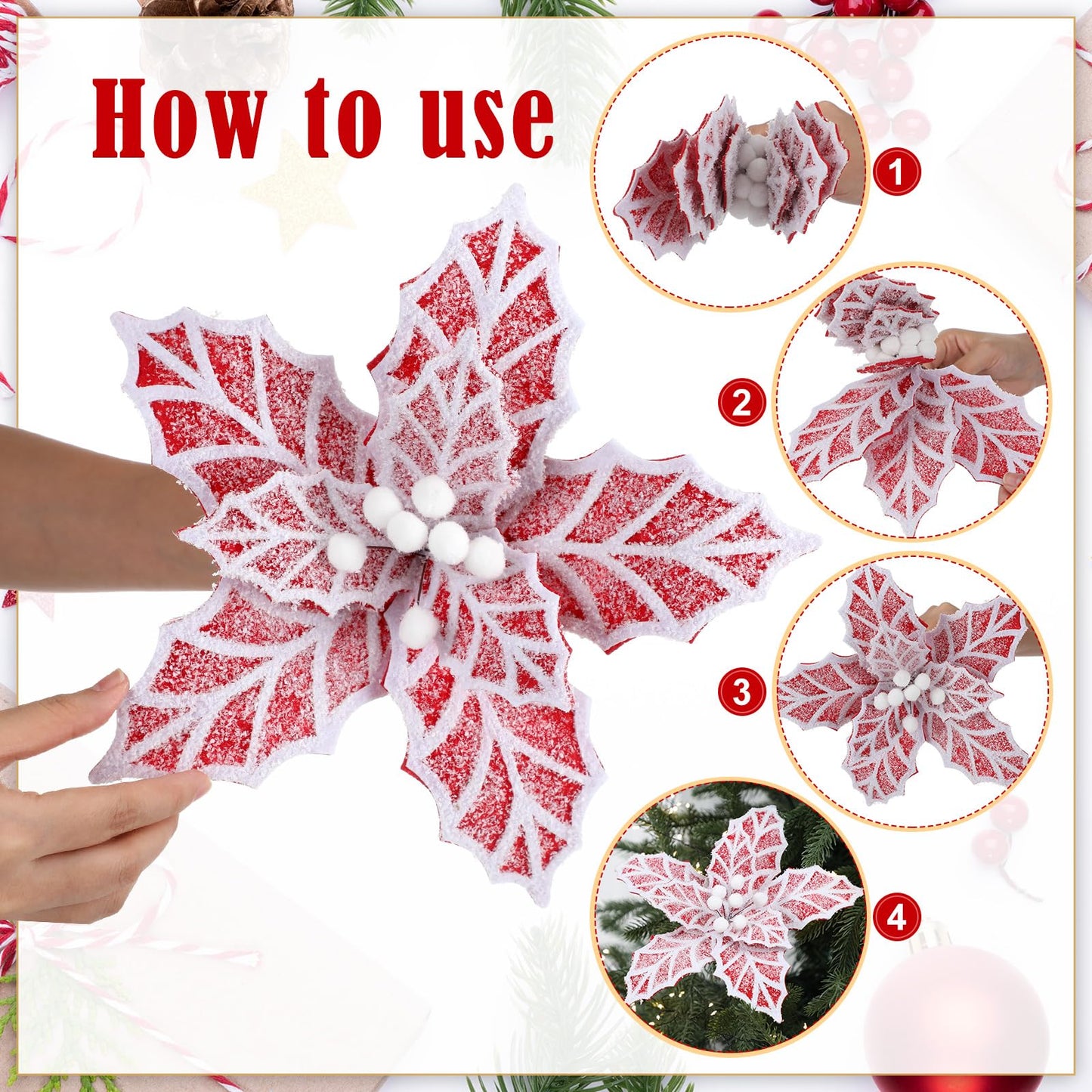 Daifunli 6 Pcs Large Christmas Gingerbread Poinsettia Flowers Tree Picks with Berries 10.6 Inches Christmas Tree Ornaments for Xmas Home Vase Decor(Gold and Red)