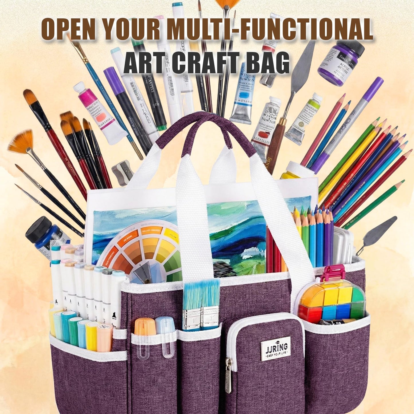 Jjring Craft Organizer Tote Bag, Portable Art Caddy with Adjustable Divider&Secure Zipper Pocket, Large Foldable Storage Tote for Scrapbooking, Sewing, Artist and Home(Deep Purple)