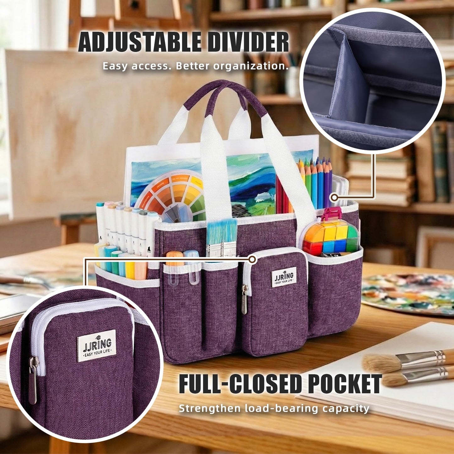 Jjring Craft Organizer Tote Bag, Portable Art Caddy with Adjustable Divider&Secure Zipper Pocket, Large Foldable Storage Tote for Scrapbooking, Sewing, Artist and Home(Deep Purple)