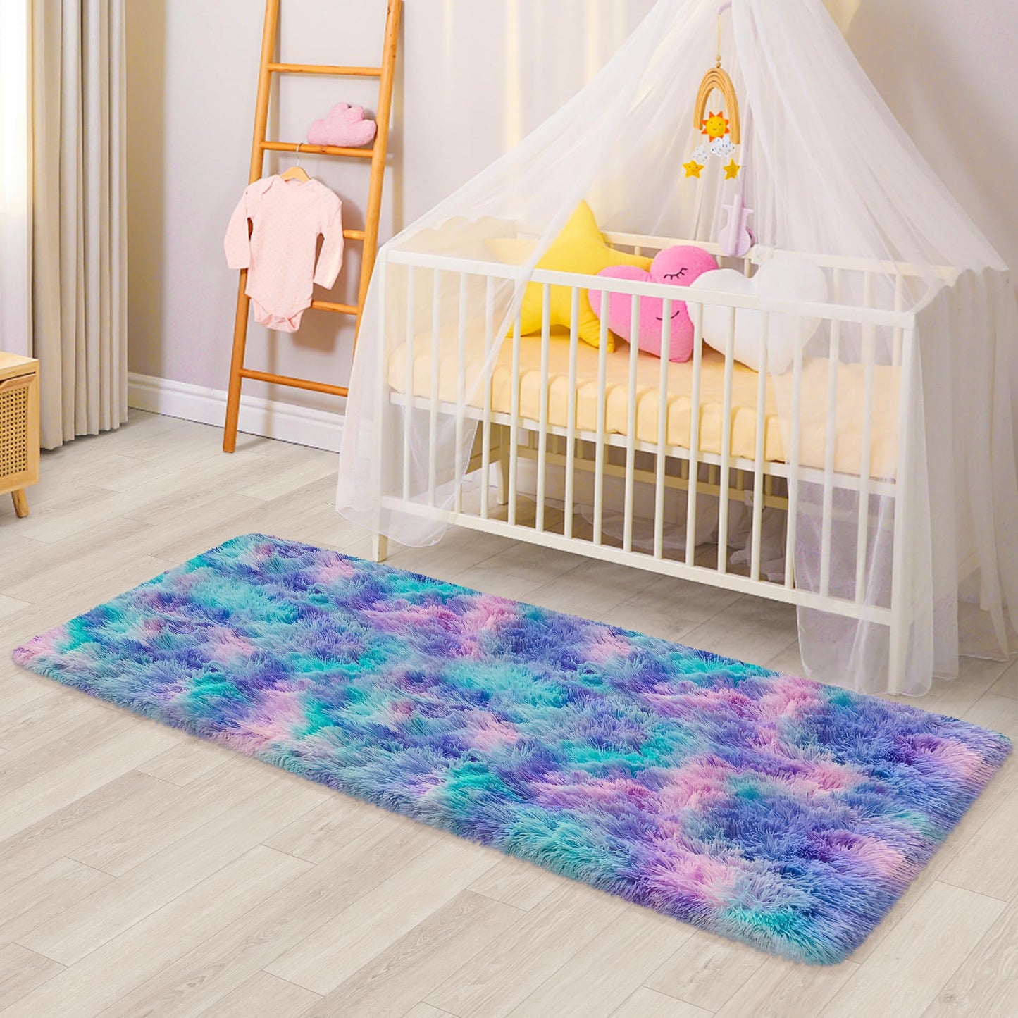 TENNOLA Shaggy Tie Dyed Light Blue Purple Runner Rug 2x6 ft Bedside Area Rugs for Living Room, Anti-Skid Extra Comfy Fluffy Floor Carpet for Indoor Hallway Home Decorative