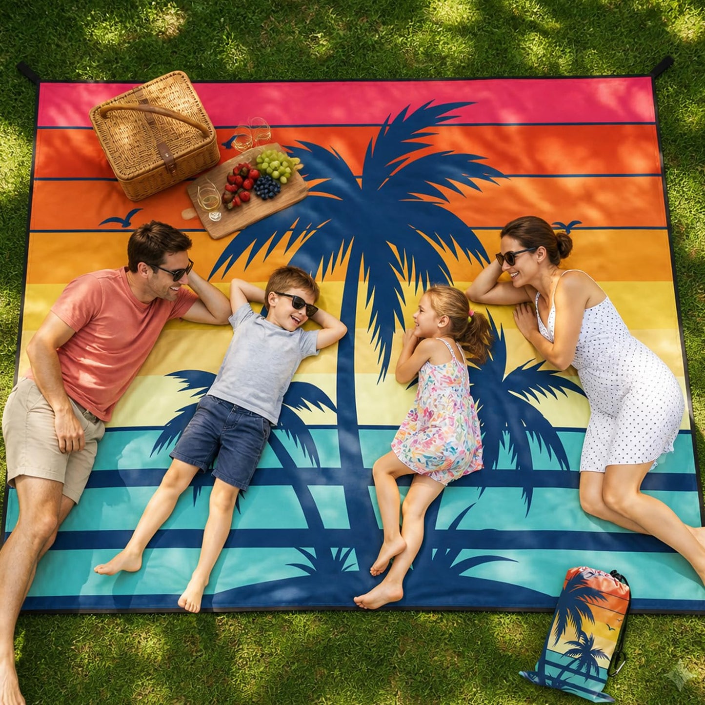 InIsaJace Beach Blanket Waterproof Sandproof, Sunset Beach Mat Sand Free with Anchors Stakes Carabiner and Bag, Coconut Trees Camping Tarp for Outdoor Picnic Travel Camping Hiking 79”x 83”