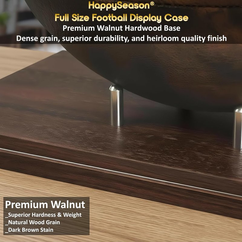 Football Display Case - Clear Acrylic Holder with Walnut Wood Base | Full Size Autograph Stand, No Assembly Required