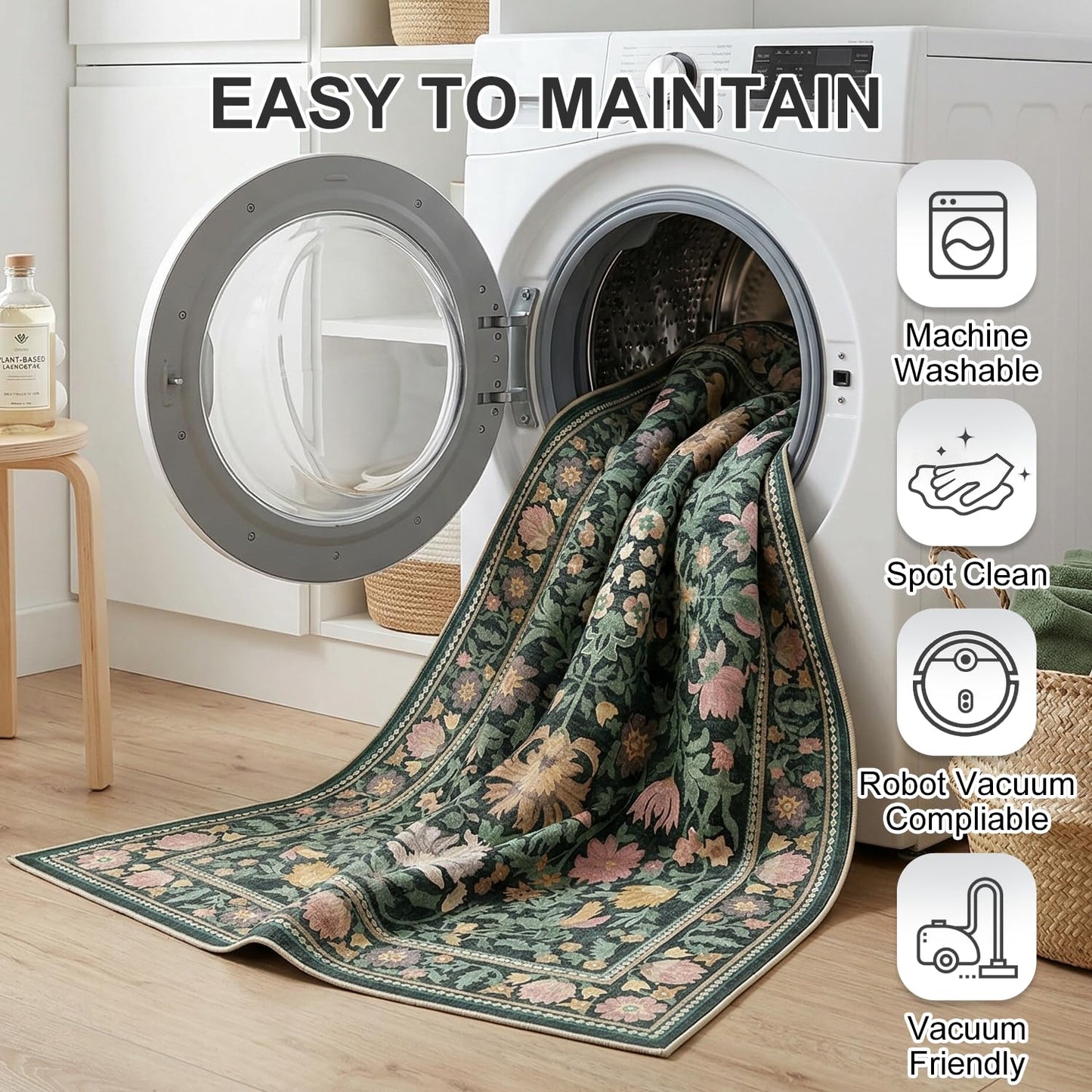 Cnythlis Washable Area Rug, Botanical Floral Living Room Carpet, 0.3" Low Pile Soft Rug, Non-Slip Silicone Grip Backing, Water-Resistant for Bedroom, Dining Room, Charcoal Green, 5'x7'