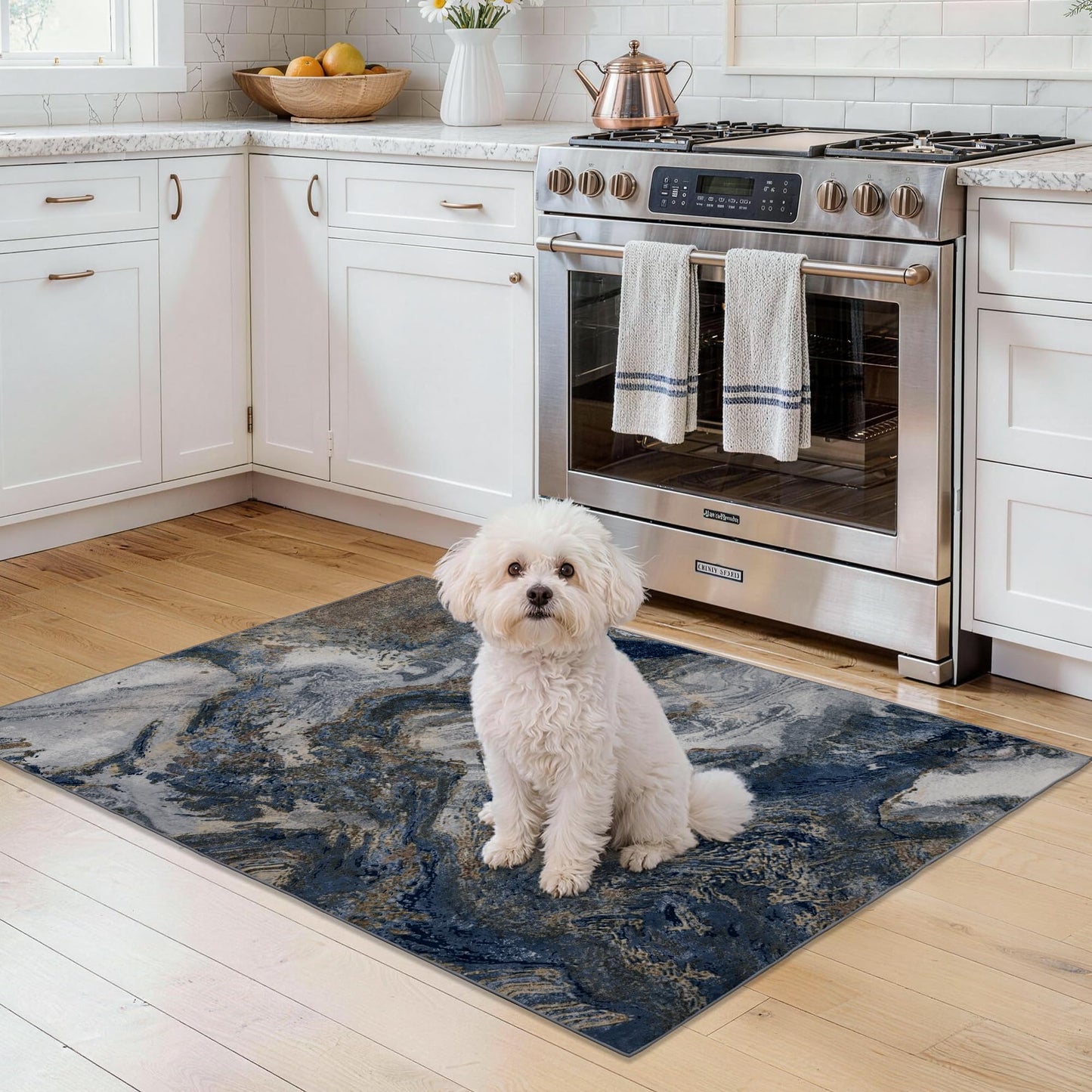 Blue Washable 2x3 Entryway Rug: Modern Abstract Small Area Rug for Kitchen Bathroom Bedroom - Soft Floor Mat Stain-Resistant Thin Low Pile Pet Friendly