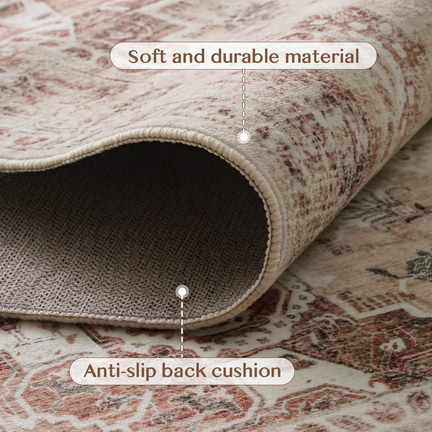 COHOME Beige Boho 6x9 Washable Rug for Under Table, Non-Slip Low Pile Area Rug for Living Room Bedroom Office, Charming Farmhouse Decor, Stain Resistant