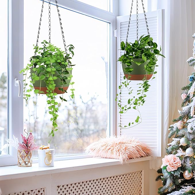 Set of 2 8 Inch Self Watering Hanging Planters for Indoor Outdoor Plants, Color Blocking Hanging Baskets Flower Pots with Drainage Hole & Removable Water-Storage Tray and 20" Chain Hanger