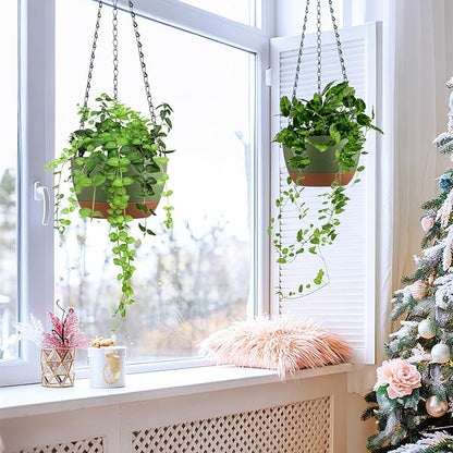 Set of 2 8 Inch Self Watering Hanging Planters for Indoor Outdoor Plants, Color Blocking Hanging Baskets Flower Pots with Drainage Hole & Removable Water-Storage Tray and 20" Chain Hanger