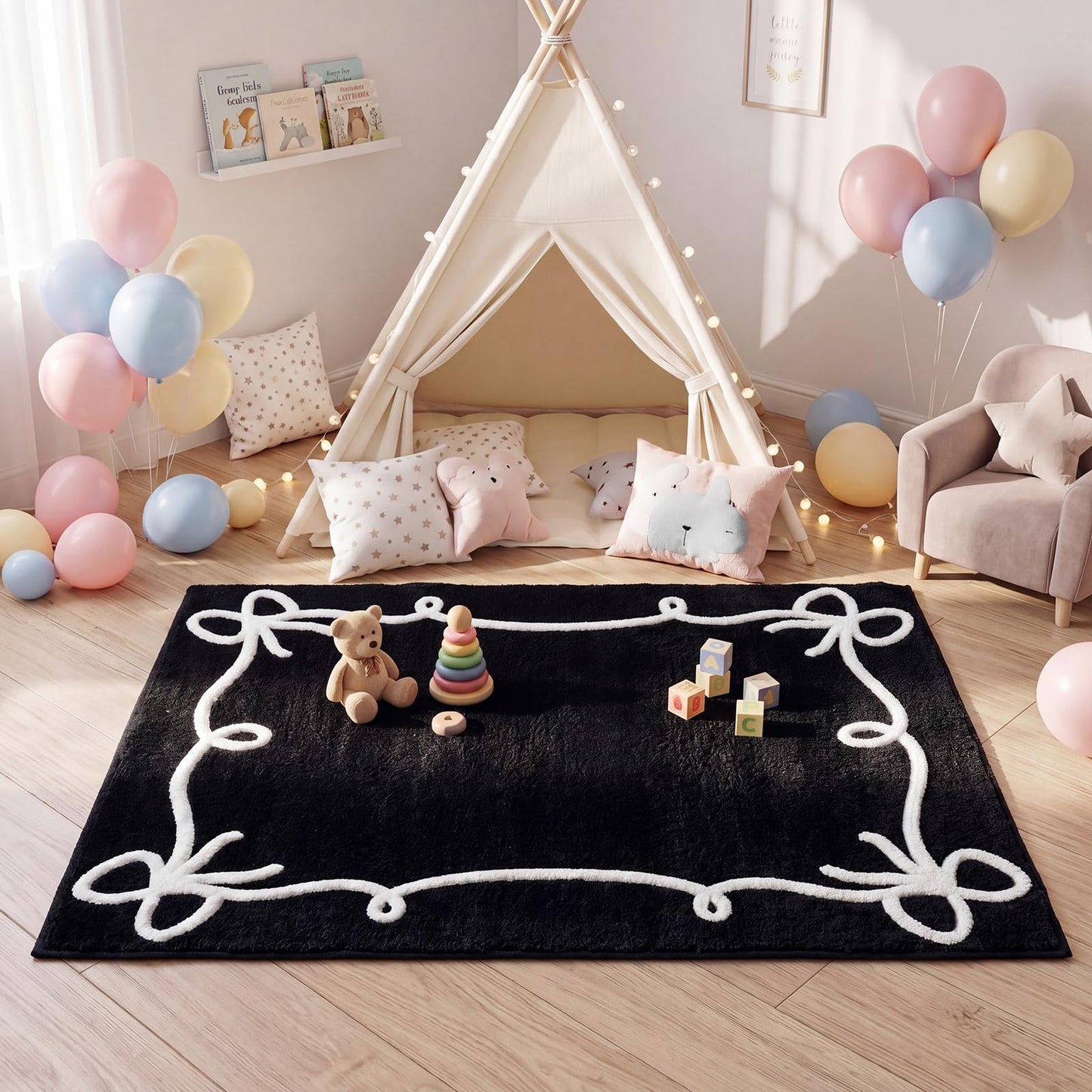 Dunzy Black Bow Classroom Rug 3.3 x 4 Ft Back to School Classroom Decor Soft Washable Bow Rug with Non Slip Backing for Teaching Playroom Reading Corner Library Supply