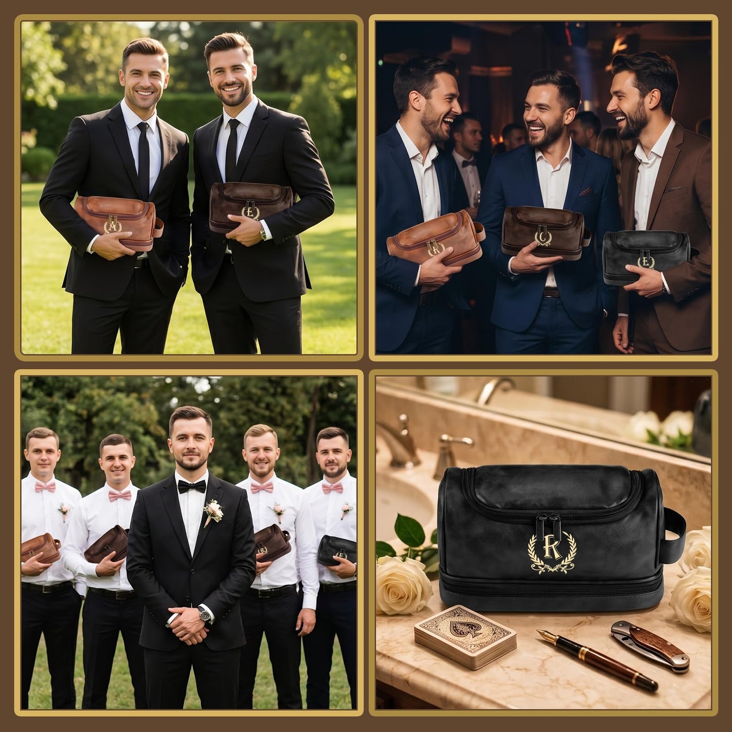 Groomsmen Gifts for Men Travel Toiletry Bag, Personalized Leather Toiletry Bag with Handle & Hook, Water Resistant Shaving Kit Bag for Wedding Party Bachelor Party Favors Bestman Gifts(K)