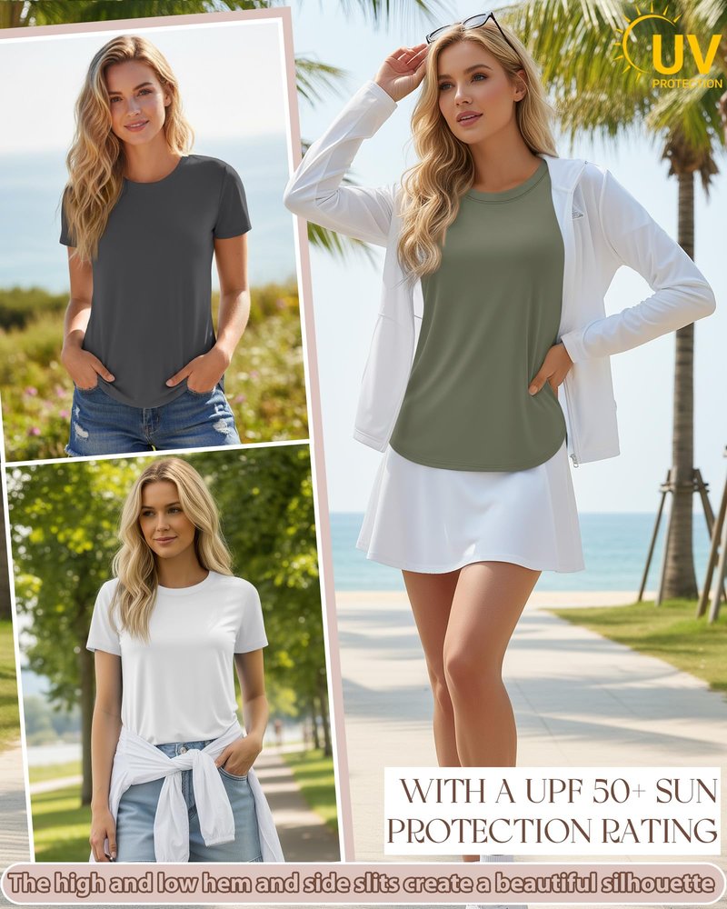 Locoowai 4 Pack Women's Workout Shirts UPF 50+ Athletic Breathable Short Sleeve Tops Quick Dry Split Hem Running Gym Yoga Tee(White,Black,Dark Gray,Grey Green,X-Large)