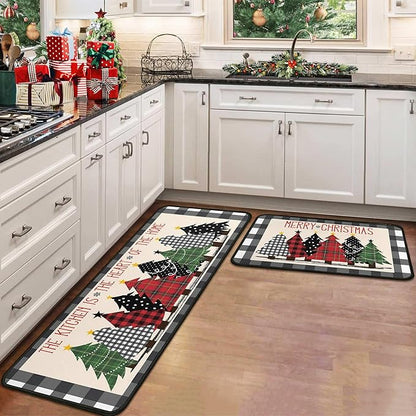 Buffalo Plaid Xmas Trees Merry Christmas Kitchen Rugs Set of 2, Christmas Indoor Floor Mats for Winter, Xmas Door Mat Runner Rug for Kitchen Home Decor 17"x47"+17"x30"