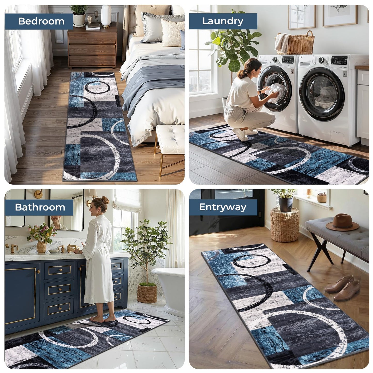 Yamaziot Modern Abstract Runner Rug, 2x6 Washable Kitchen Runner with Non-Slip Backing, Ultra Soft Rug Runners for Hallway Low Pile Carpet for Entryway, Laundry, Bedroom (Blue, Geometric Circle)