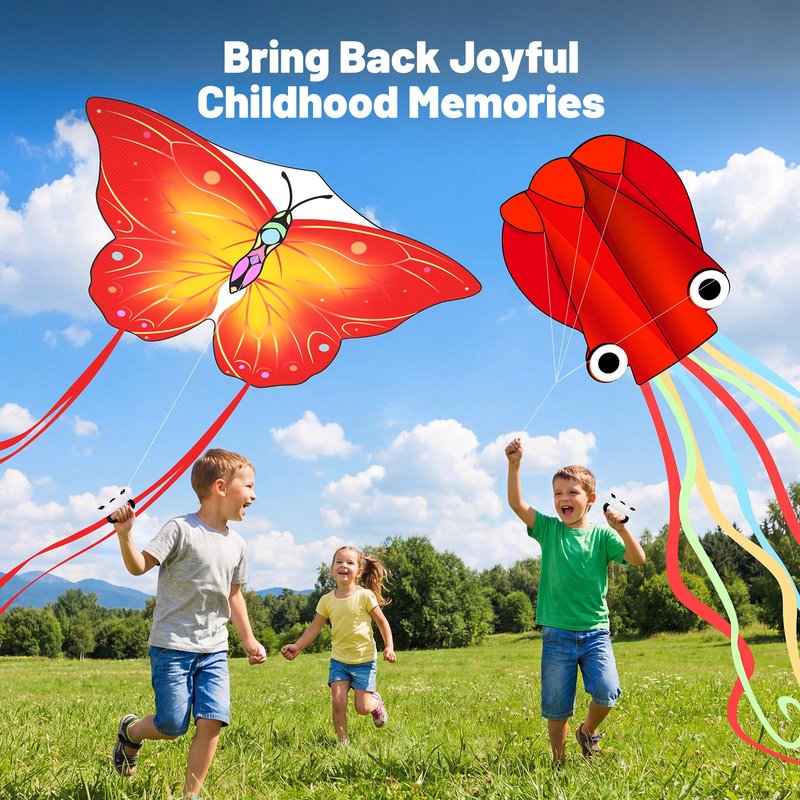 Crogift 3 Pack Large Kites, Easy to Fly Large Butterfly, Giant Red Octopus & Colorful Delta Kite for Beach Trip - Perfect Kites for Kids Ages 4-8 8-12, Gifts for Easter and Festival