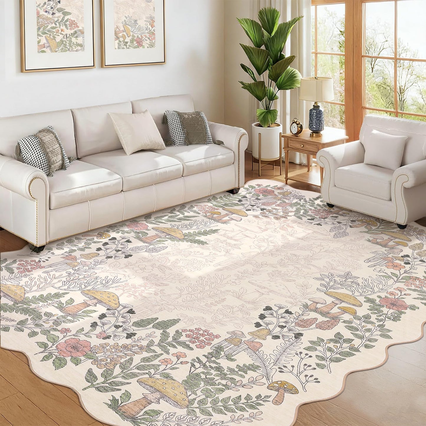 Garvee Scalloped Washable Rug 5x7 Area Rugs for Living Room, Botanical Mushroom Rug for Bedroom, Low Pile Non Slip Throw Rugs Indoor Modern Carpet for Nursery Playroom Dining Room, Beige
