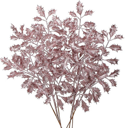 DILATATA 6Pcs Christmas Glitter Leaves Holly Leaves 23" Artificial Rose Gold Holly Leaf Picks Sprays Giltter Stems for Christmas Tree DIY Xmas Wreath Garland Home Decor - Rose Gold