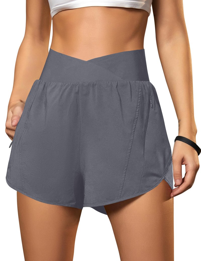 Blooming Jelly Women's Workout Shorts Athletic Running Elastic High Waisted Black Gym Yoga Shorts with Zipper Pockets (Medium Grey,Medium)