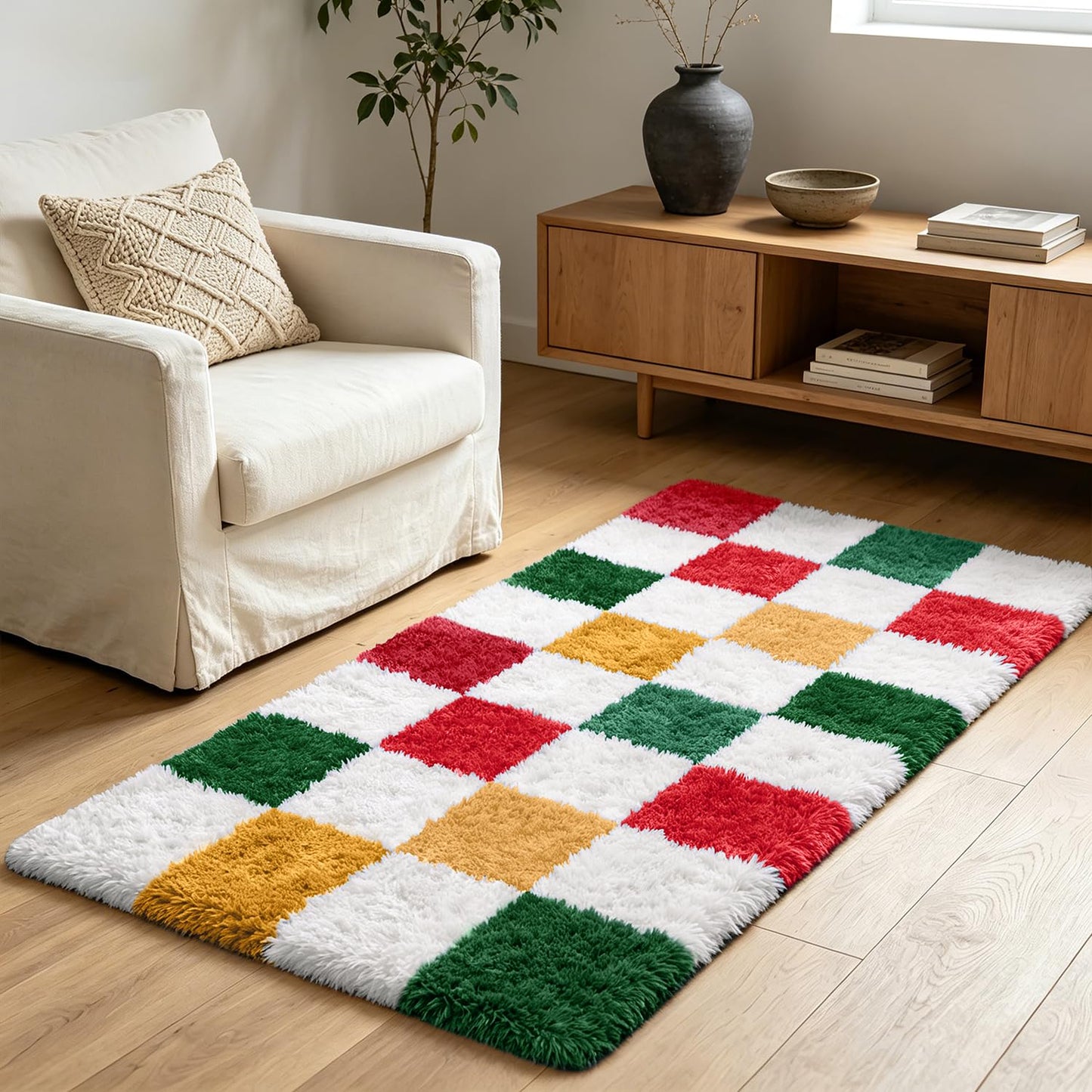 Shag Runner Rug for Bedroom Living Room 2x6 Upgrade Non-Slip Fluffy Soft Bedside Rugs,Checked Shaggy Carpet for Livingroom Dorm Home Decor Aesthetic