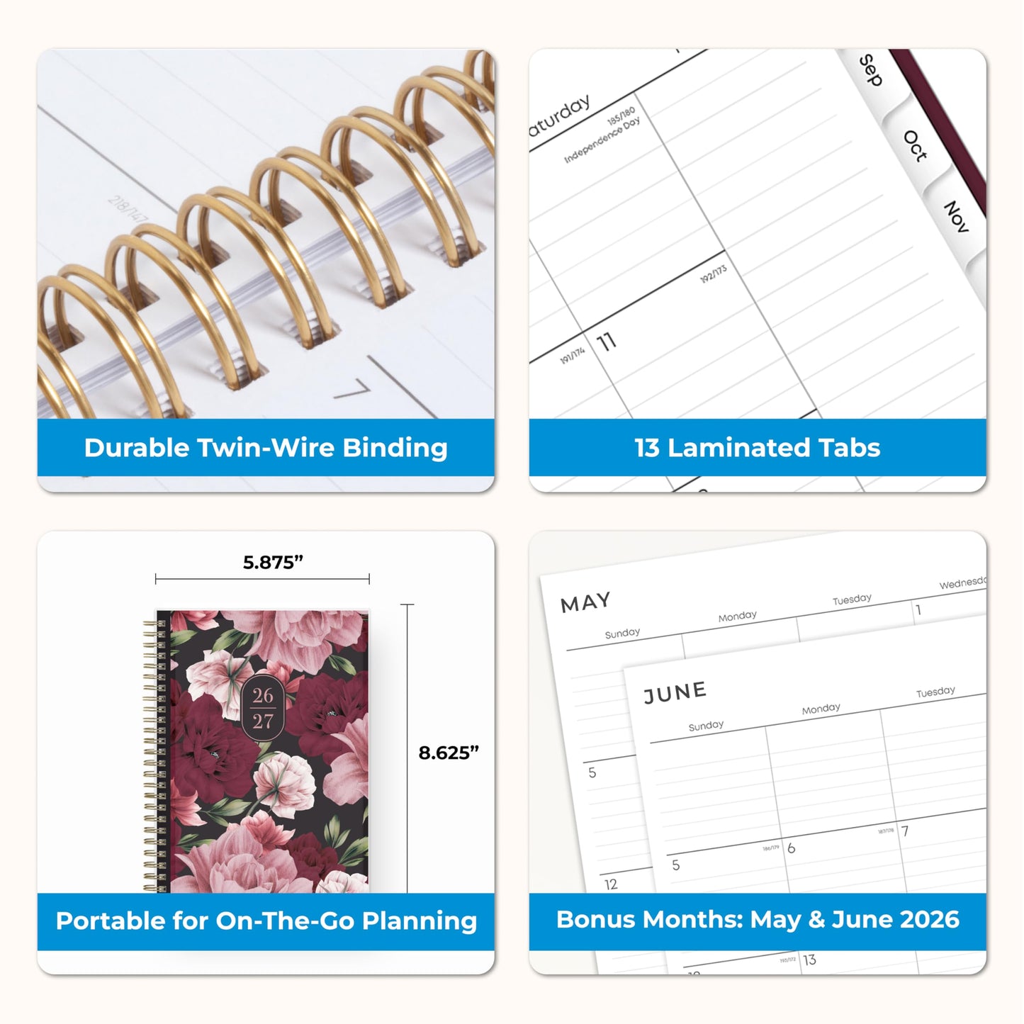 Blue Sky 2026-2027 Weekly and Monthly Academic Year Planner Calendar, July 2026 - June 2027, 5.875" x 8.625", Flexible Pocket Cover, Wirebound, Laminated Tabs, Includes Extra 30 Sheets of Notes, Dark Peonies