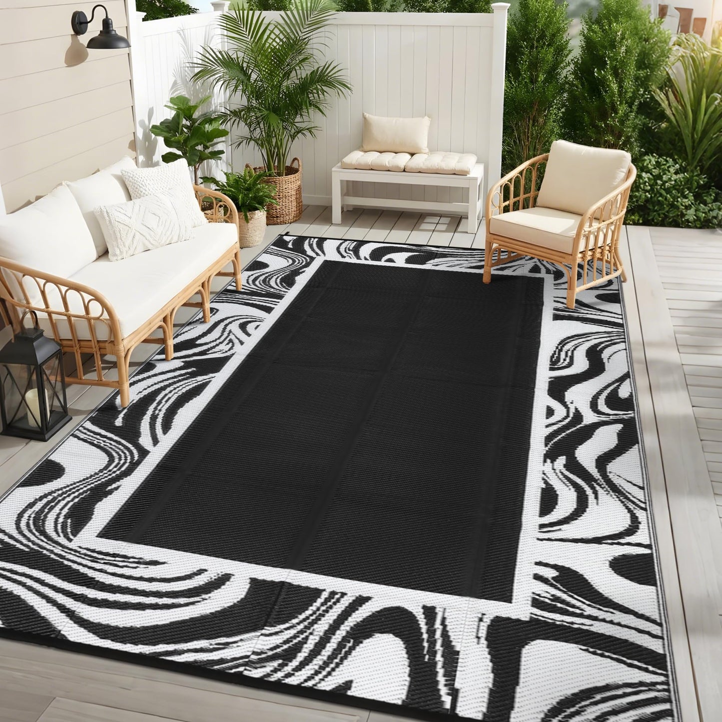 Garvee Black and White Outdoor Rug 5x8 for Camping Waterproof Quick Dry Plastic Straw Carpet Reversible Lightweight Patio Rug Easy to Clean for RV, Deck, Balcony, Backyard, Picnic, Beach, Black White