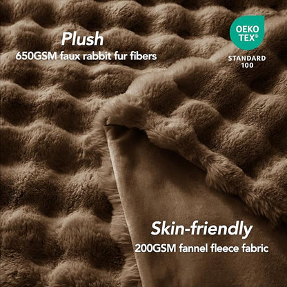 L'AGRATY Faux Rabbit Fur Blanket: 60" x 80" Twin Luxury Soft Fluffy Thick Fur Throw Blanket for Couch Bed Sofa - Cozy Plush Bubble Blankets for Winter: Flannel Fleece Decorative Blanket(Cocoa Brown)