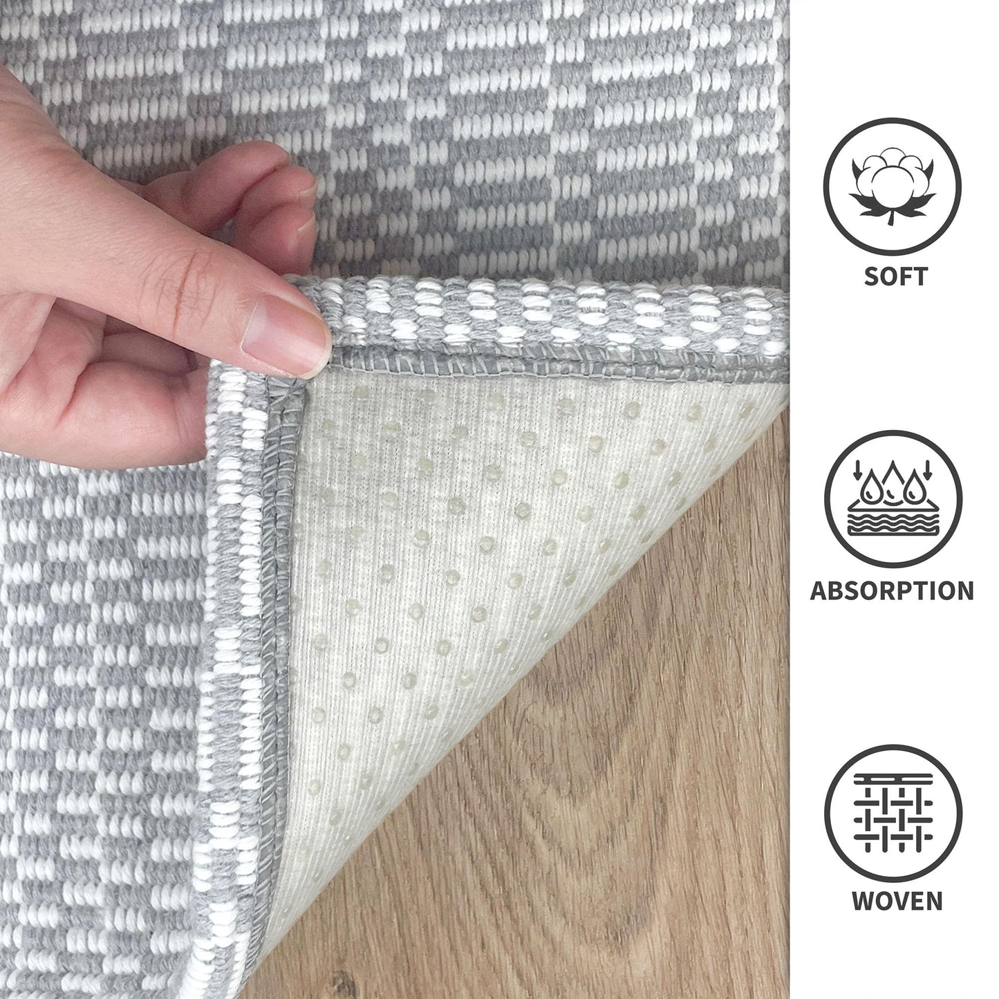 IOHOUZE Washable Runner Rug 2'x8' With Rubber Backing for Hallway, Entryway, Kitchen, Indoor Use - Woven Cotton Floor Carpet for Hall, Entrance, Bedroom - Light Gray/White