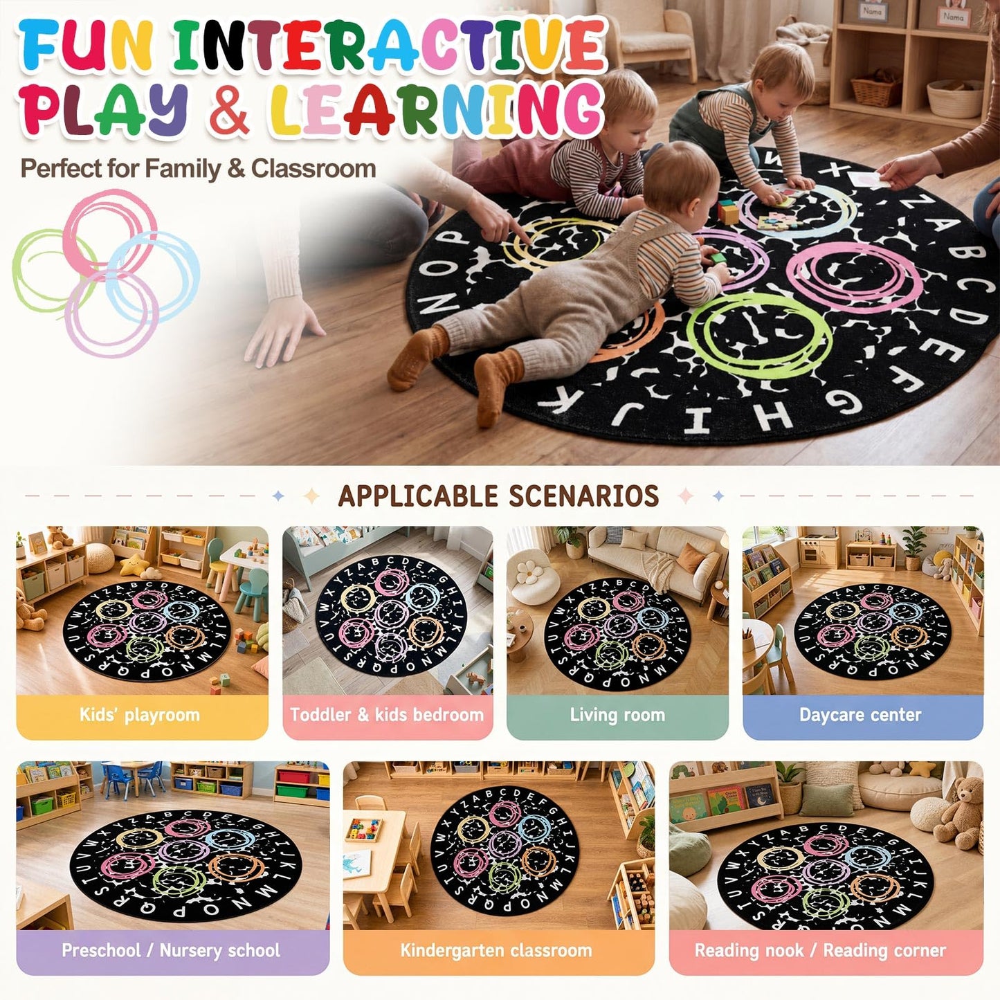 Coume Classroom Rug Elementary 5.9 ft Round ABC Alphabet & Animal Words Educational Carpet Large Learning Play Mat with Non-Slip Backing for Kids Toddlers Preschool Kindergarten (Abc's Circle)