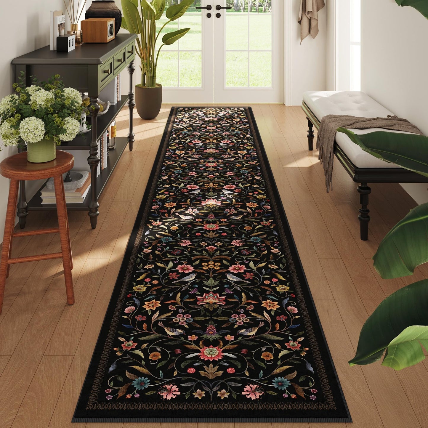 Vowkten Vintage Medallion Floral Runner Rug Non Slip 2x10, Machine Washable, Soft Low Pile Long Carpet for Hallways, Laundry, Bedroom, Bathroom, Entryway | Black