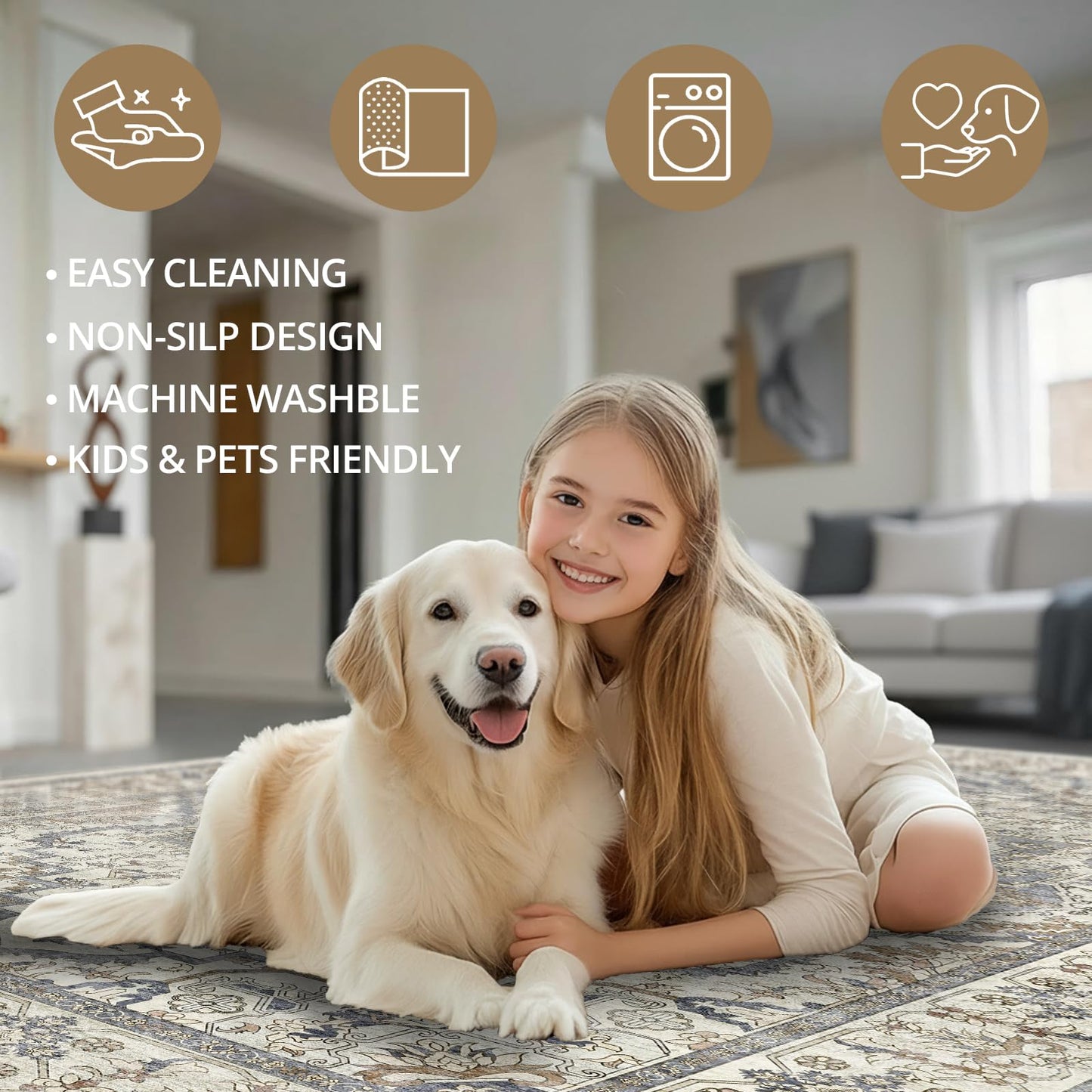 EiniHliw 2x6 Washable Kitchen Runner Rug, Non Slip Vintage Runner Rugs for Hallway, Ultra-Thin Low Pile Distressed Kitchen Rugs Non Skid, Machine Washable Laundry Entryway Indoor Carpet,Beige/Blue