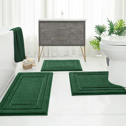 HOMEIDEAS Bathroom Rugs Sets 3 Piece, Super Soft and Absorbent Non Slip Microfiber Toilet Bath Mat with U-Shaped (Dark Green)