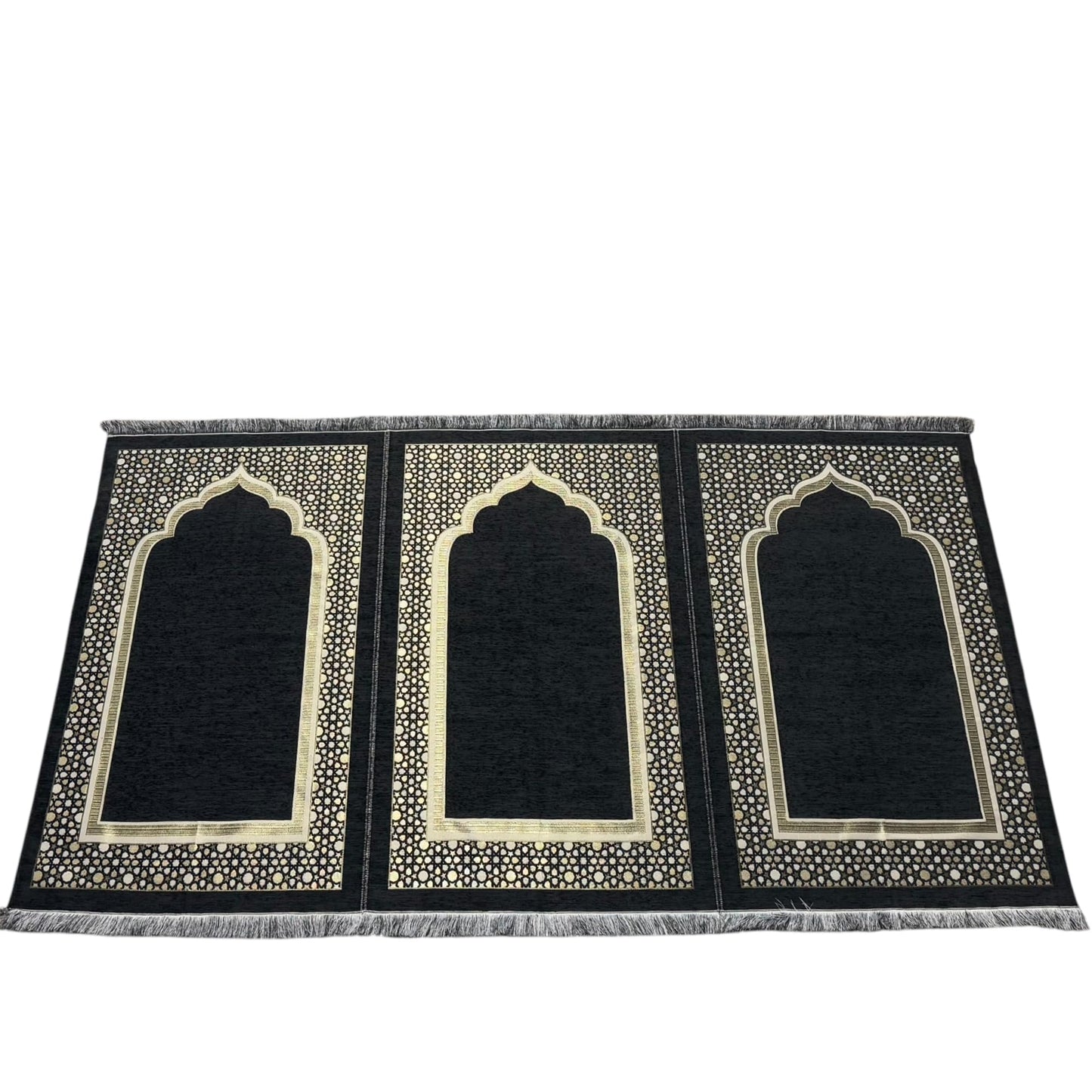 Modefa Turkish Islamic Prayer Mat - Wide Chenille Praying Mat - Multi Person Muslim Janamaz Sajada for Family - Large Gathering & Group Praying Carpet - Selcuk Star 3 Person (Black)