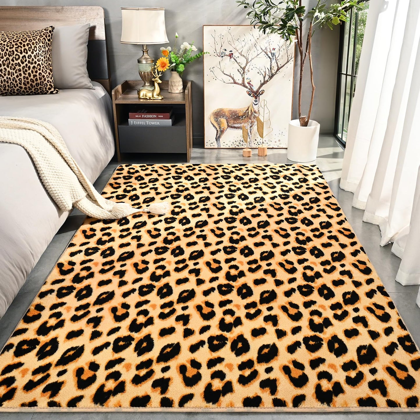 Amearea Soft Leopard Rugs for Bedroom Living Room, 4x6 Modern Cheetah Print Thickened Memory Foam Rug, Fluffy Indoor Washable Animal Rug Carpet for Kids Boys Girls Dorm Nursery Room Home Decor, Khaki