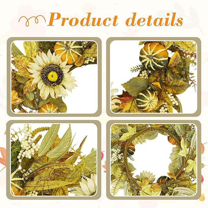 YNYLCHMX 18" Fall Wreaths for Front Door, Artificial Autumn Wreath with Sunflower Pumpkin and Berries for Home Porch Window Wall Farmhouse Decor, Indoor Outdoor, Holiday Decor