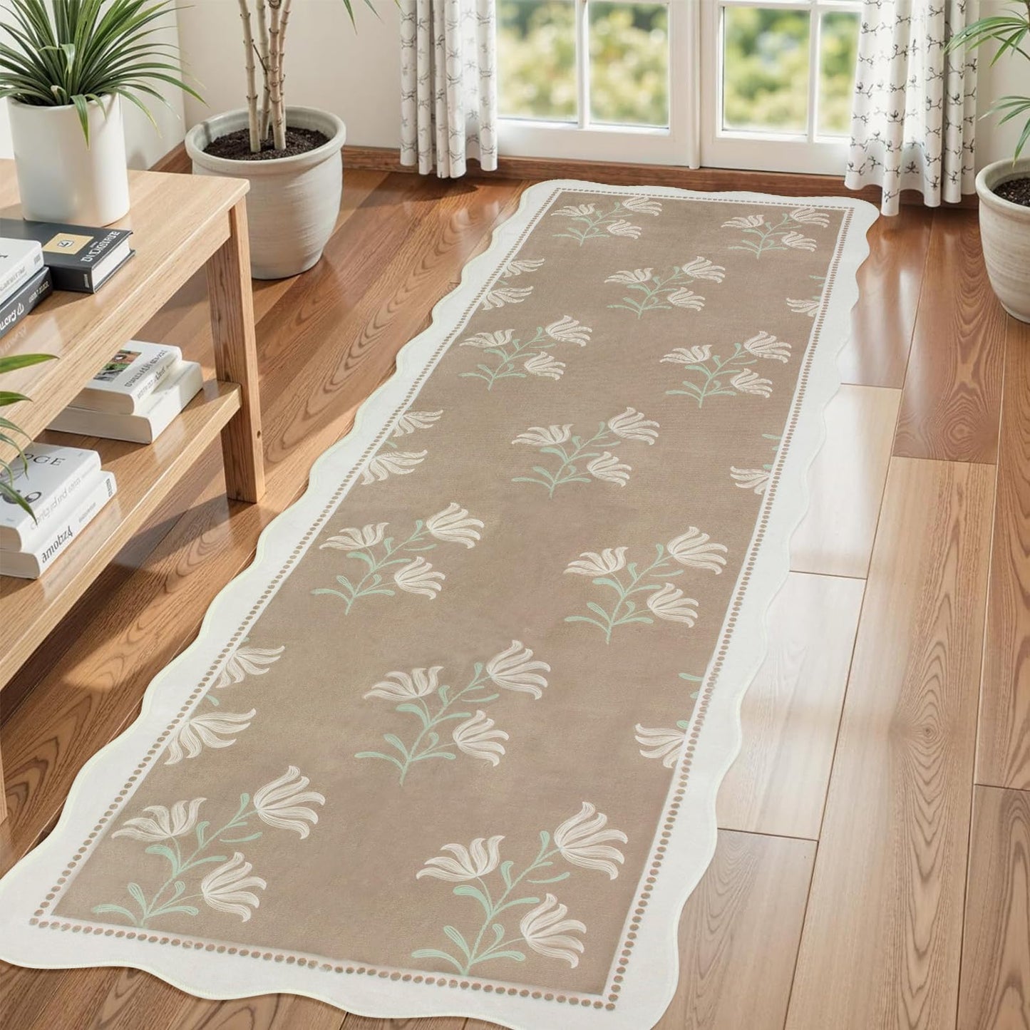 Albodanl Scalloped Floral Kitchen Runner Rug, 2x6 Washable Rug Runners for Hallways Non-Slip, Boho Farmhouse Ultra-Thin Soft Carpet for Bathroom Laundry Entryway