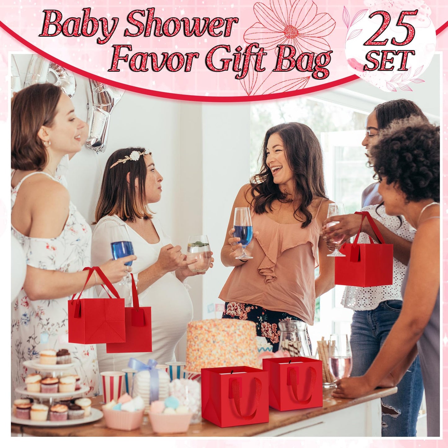 Windyun 25 Pcs Mini Paper Gift Bags with Handle 6 x 6 x 6'' Square Small Favor Bag with DIY Thank You Tag for Christmas Birthday Wedding Bridal Shower Bridesmaid Graduation Party (Red)